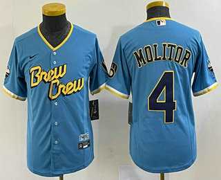 Youth Milwaukee Brewers #4 Paul Molitor Blue 2022 City Connect Cool Base Stitched Jersey->mlb youth jerseys->MLB Jersey